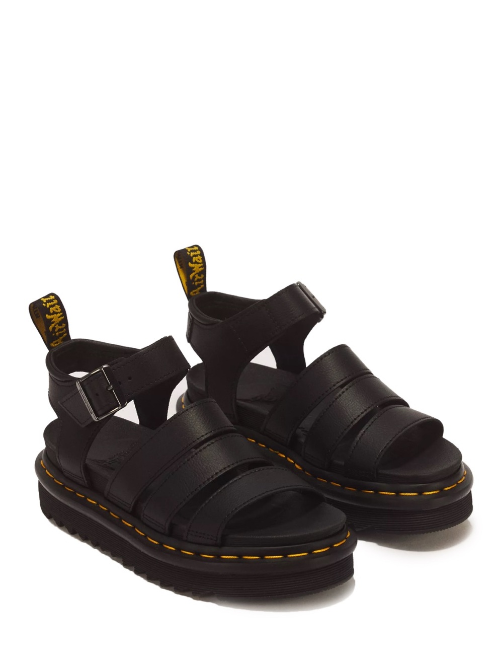 Dr. Martens Black Leather Blaire Platform Sandals with Yellow Stitching